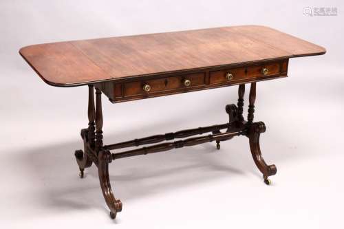 A GOOD GEORGE III MAHOGANY SOFA TABLE, with a rounded rectangular top, one real and one dummy frieze