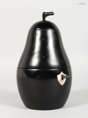 A GOOD EBONISED PEAR TEA CADDY. 3ins high.