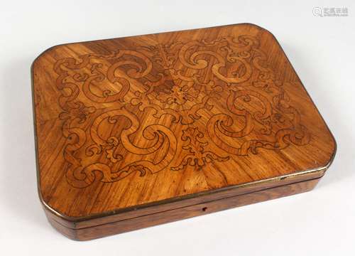 A 19TH CENTURY FRENCH KINGWOOD BOX, the hinged lid with ormolu brass inlaid decoration. 11ins wide.