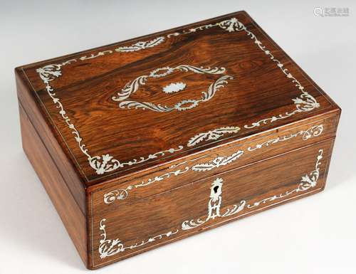 A VICTORIAN ROSEWOOD JEWELLERY BOX, with mother-of-pearl inlaid decoration. 11ins wide.