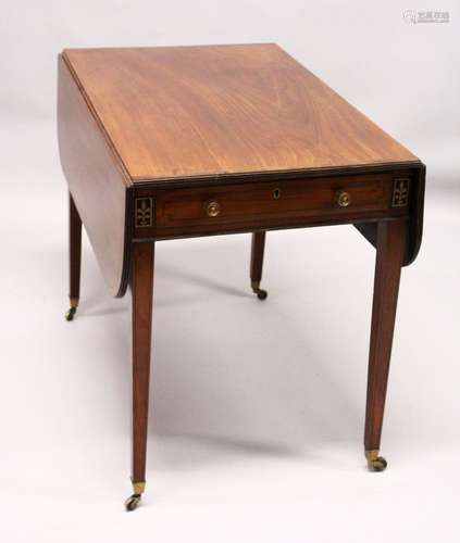 A GEORGE III MAHOGANY PEMBROKE TABLE, with a drawer to one end, ebony and brass inlaid decoration,