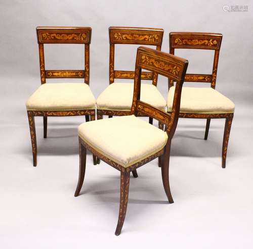 A SET OF FOUR DUTCH MAHOGANY AND MARQUETRY DINING CHAIRS, broad cresting rail, overstuffed seats