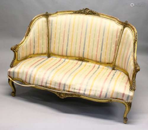 A 19TH CENTURY FRENCH GILTWOOD CANAPE, with later striped satin upholstery. 4ft 6ins wide.