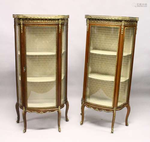 A PAIR OF FRENCH MAHOGANY, ORMOLU AND MARBLE BOWFRONT VITRINES, MID 20TH CENTURY, with galleried