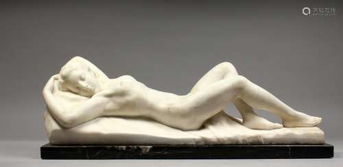 19TH CENTURY FRENCH SCHOOL, A carved marble female reclining nude, mounted on a rectangular