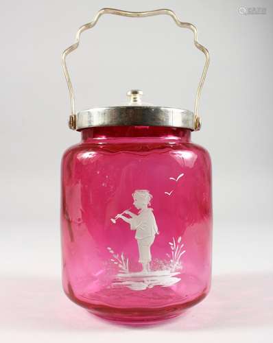 A CRANBERRY MARY GREGORY BISCUIT BARREL.