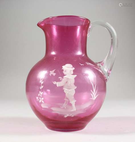 A CRANBERRY MARY GREGORY JUG.