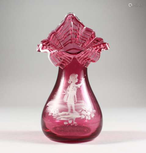 A CRANBERRY MARY GREGORY VASE.