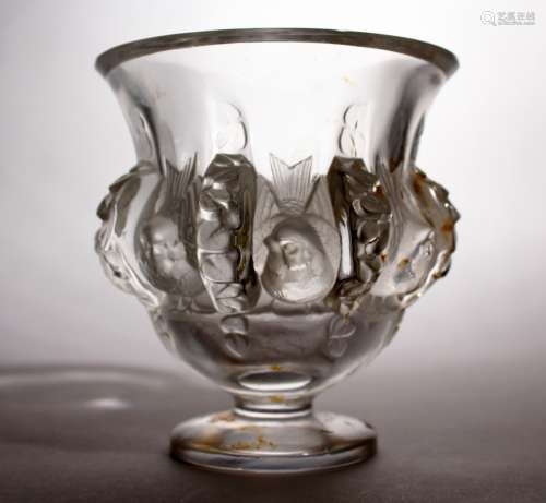 A LALIQUE CUT AND MOULDED GLASS URN SHAPED VASE, the sides with eight birds. Lalique, France. 5ins
