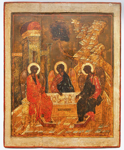 A LARGE RUSSIAN ICON OF THE HOLY TRINITY, CENTRAL RUSSIA, MID-16TH CENTURY