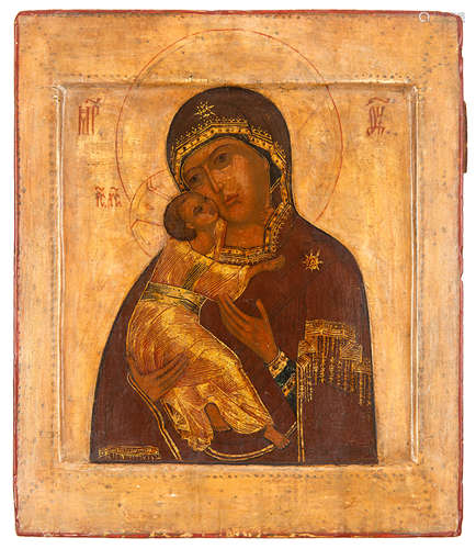 A RUSSIAN ICON OF THE VLADIMIRSKAYA MOTHER OF GOD, NOVGOROD SCHOOL, LATE 17TH CENTURY