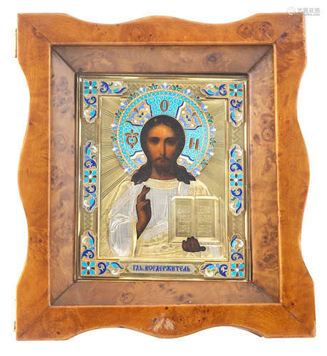 A RUSSIAN ICON OF CHRIST PANTOCRATOR WITH SILVER GILT AND ENAMEL OKLAD, WORKMASTER NIKOLAI GRACHEV,