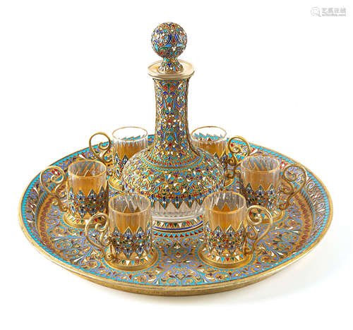 A RUSSIAN GILT SILVER AND CLOISONNE ENAMEL-MOUNTED GLASS VODKA SET, ST. PETERSBURG, 1895