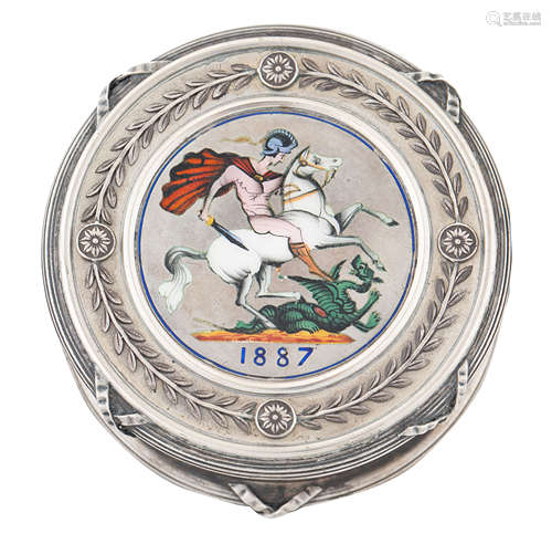 A RUSSIAN SILVER AND ENAMEL 'ST. GEORGE SLAYING THE DRAGON' PILL BOX, AFTER 1887