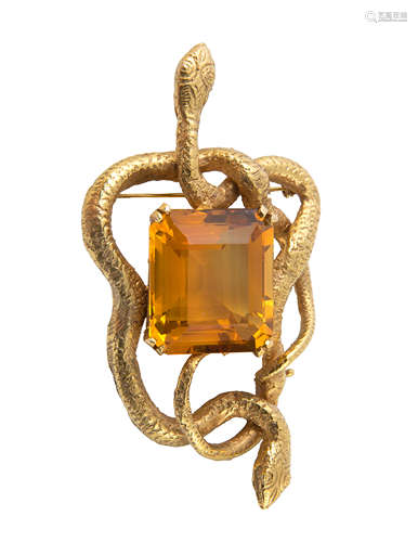 A LATE 20TH CENTURY ERIC DE KOLB 14K GOLD AND CITRINE PENDANT BROOCH