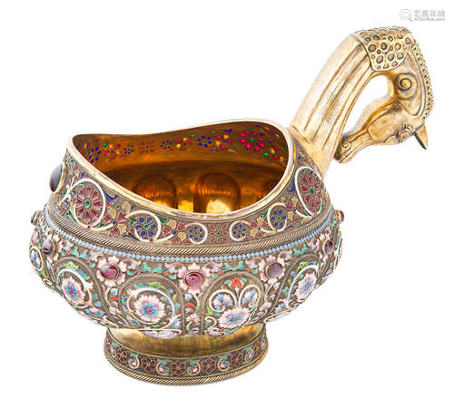 A RUSSIAN FABERGE-STYLE SILVER AND SHADED CLOISONNE ENAMEL KOVSH, LATE 20TH CENTURY