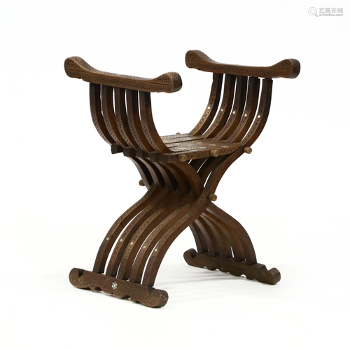 Middle Eastern Carved and Inlaid Savonarola Chair