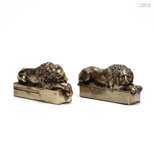 A Pair of Cast Brass Lion Bookends, After Antonio