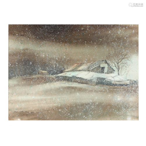 Watercolor of a Rural Winter Landscape