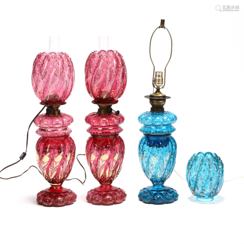 Three Antique Bohemian Glass Oil Lamps