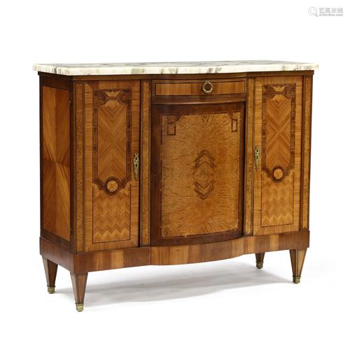 French Marquetry Inlaid Marble Top Sideboard