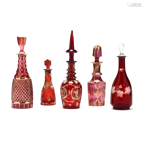 Five Antique Bohemian Ruby Glass Decanters