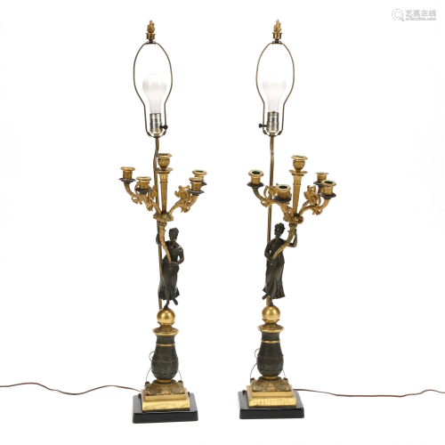 Pair of Neoclassical DorÃ© Bronze Figural Candel…