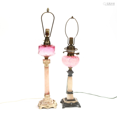 Two Victorian Cranberry Glass Lamps