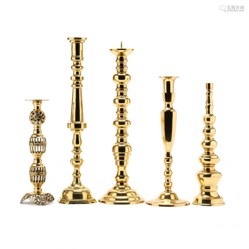 Five Large Decorative Brass Candlesticks