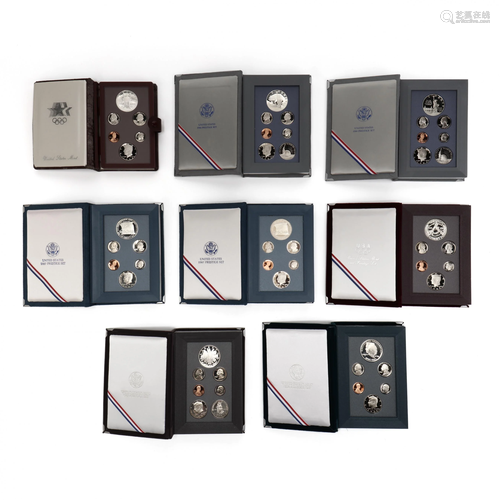 Eight Prestige Proof Sets, Each With 90% Silver Dollar