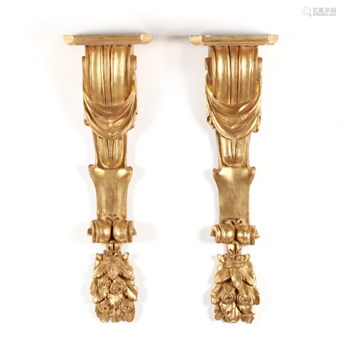 Pair of Tall Antique Carved and Gilt Wall Brackets