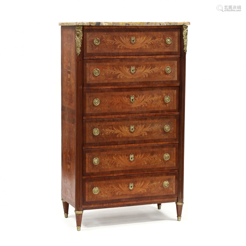 French Parquetry Inlaid Marble Top Chest of Drawers