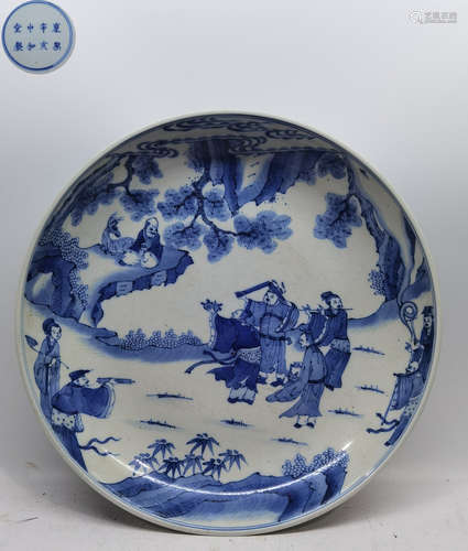 A BLUE&WHITE GLAZE PLATE WITH FIGURE PATTERN