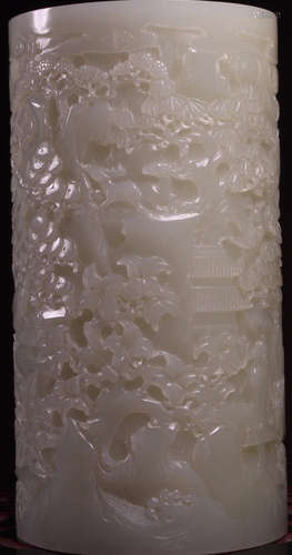 A HETIAN JADE CARVED FIGURE PATTERN BRUSH POT