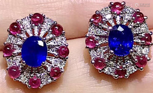 PAIR OF 18K GOLD&SAPPHIRE&RUBY EARRING