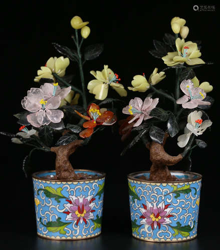 PAIR OF CLOISONNE CASTED BONSAI