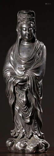 A SILVER CASTED GUANYIN BUDDHA STATUE