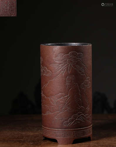 A GOURD CARVED FIGURE PATTERN BRUSH POT