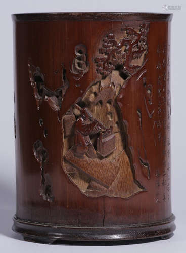 A BAMBOO CARVED FIGURE PATTERN BRUSH POT