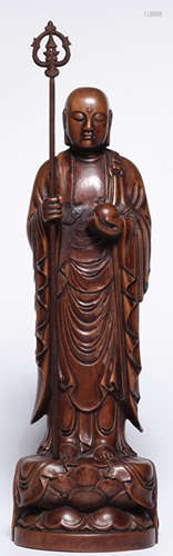 A HUANGYANG WOOD CARVED KSITIGARBHA STATUE