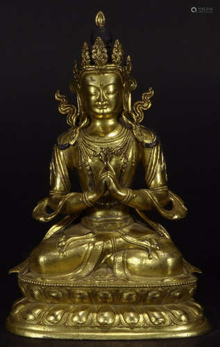 A BILT BRONZE CAST CROWNED GUANYIN BUDDHA STATUE