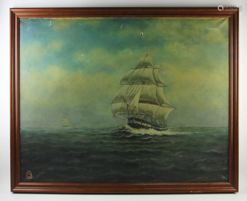 Initialed SL, Ship at Sea, Oil on Canvas