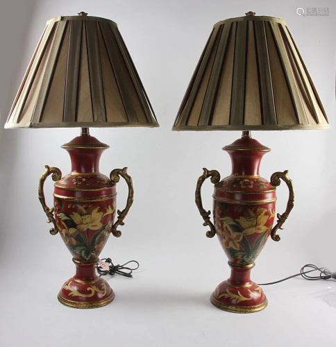 Pair of Large Designer Red Lamps w/ Shades