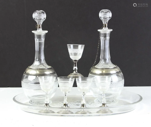 Crystal and Sterling Trim Decanter and Cordial Glass