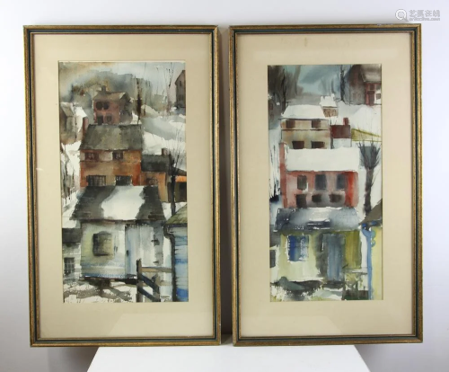 D Currier, Two Watercolors, Winter Houses