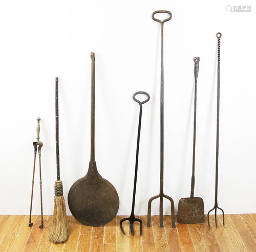 Group of Early Wrought Iron Fireplace Tools