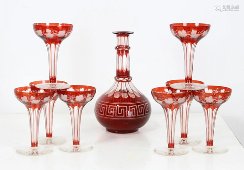 Bohemian Red Cut Wine Glasses and Decanter