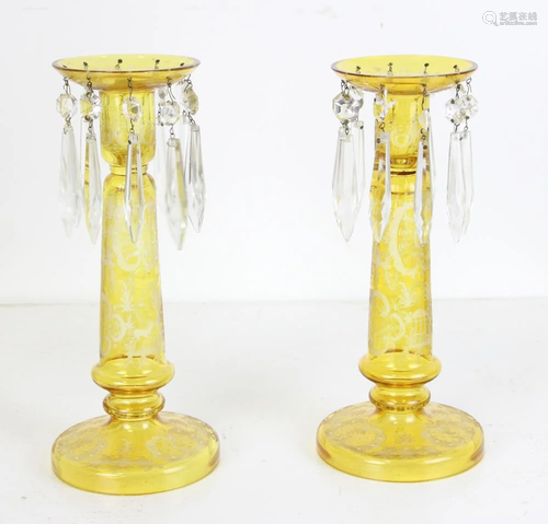 Pair of Yellow Bohemian Lustre Etched Glass