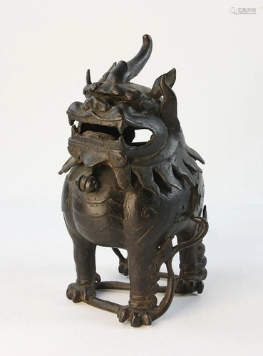 19thC Chinese Bronze Dragon on Wood Stand