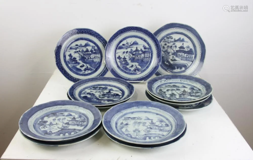 19thC Chinese Blue and White Canton Dishes